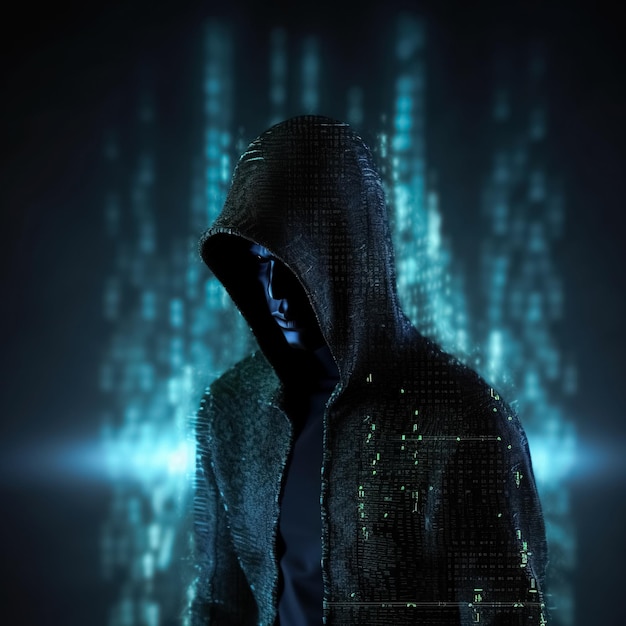 Nieznany haker na cyber tle Cyberprzestrzeń internetowa i koncepcja bezpieczeństwa danych Generative AI
