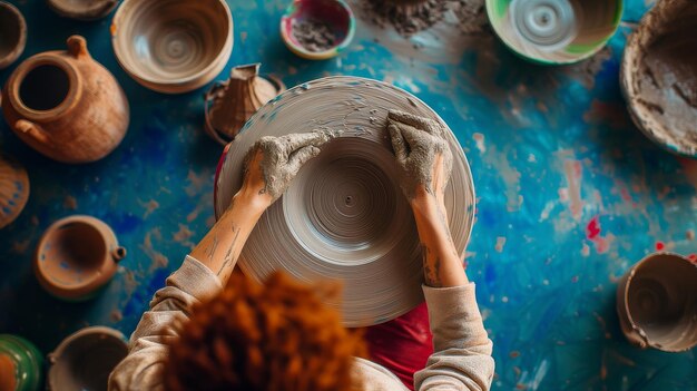 Niezwłocznie tworząc sztukę, przędzając ciekłą glinę do miski na kołku ceramicznym