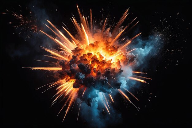 Zdjęcie niezwykle gorąca ognista eksplozja z iskrami i dymem na czarnym tle