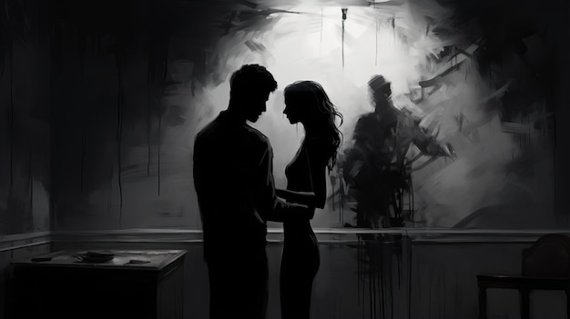 Zdjęcie niezwykle realistyczna sylwetka pary trzymającej się za ręce w ciemnym pokoju