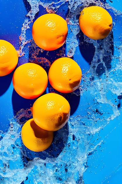 Niezwykle szczegółowe zdjęcie z bliska owocu cytrusowego spadającego do wody na niebieskim tle