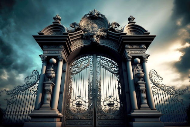 Niezwykłe żelazne bramy rezydencji z ornamentem i kolumnami na tle nieba