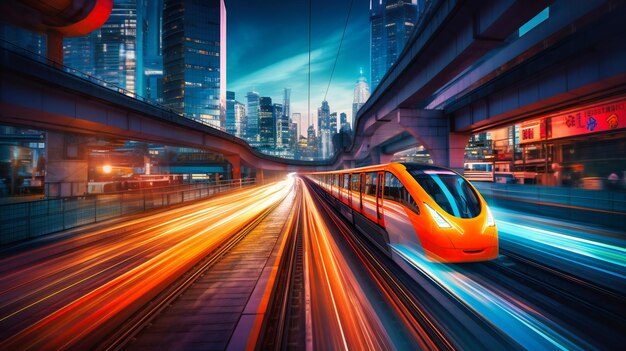 Niezwykły obraz futurystycznego transportu ilustrujący płynne połączenie zaawansowanych pojazdów i infrastruktury miejskiej