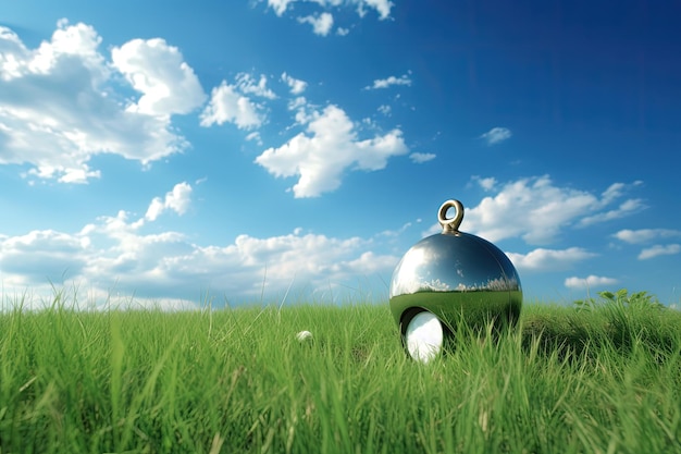 Niezwykły obraz ogrodowy estetycznej okrągłej stalowej rzeźby na zielonej trawie i pochmurnym niebie