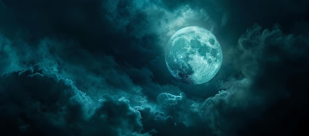 Niezwykły pełnia księżyca oświetlający nocne niebo pośród ciemnych chmur tajemnica i fantazja koncepcja idealna dla okładek książek wysokiej jakości nocne obrazy AI