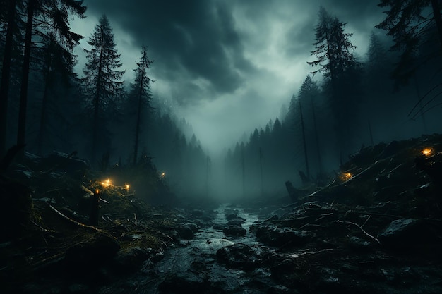 Nightmare Canopy Forest z góry w nocy Przerażająca scena z filmu grozy