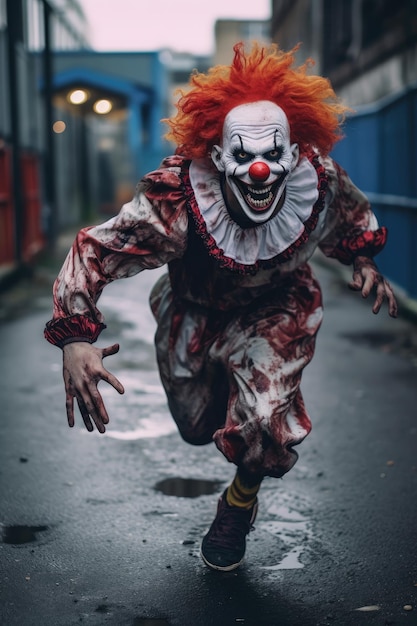 Nightmare Carnival Clown Zombie ściga się w kierunku widzów w przerażającej scenie