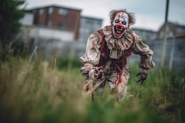Zdjęcie nightmare carnival clown zombie ściga się w kierunku widzów w przerażającej scenie