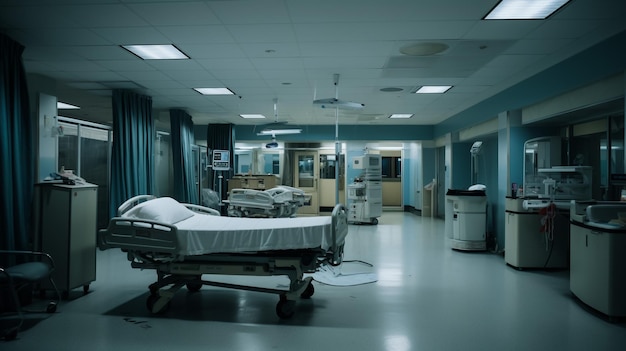 Nikt nie leży w łóżku szpitalnym na oddziale klinicznym na nowoczesnym piętrze z wygodnym sprzętem medycznym monitorującym łóżko. Technologia stosowana w leczeniu chorób, chorób, chirurgii, rekonwalescencji