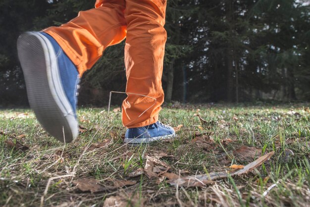 Niska część człowieka idącego po trawiastym polu przeciwko drzewom w parku