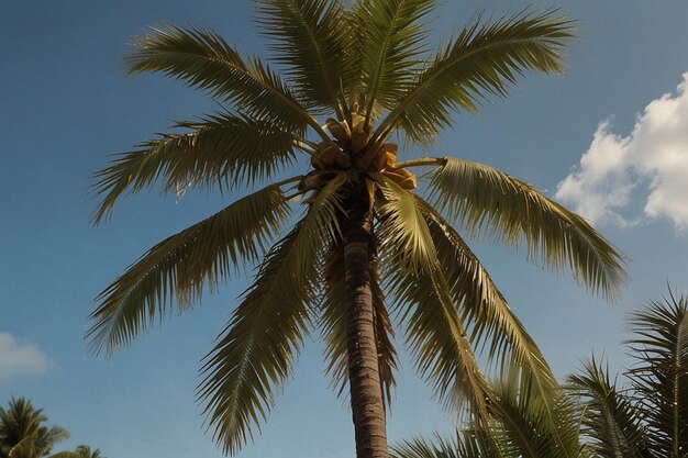 Niski kąt piękna palma kokosowa z niebieskim tłem