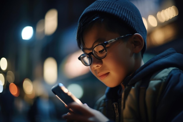 Niski kąt strzału młodego chińskiego japońskiego 10-letniego małego chłopca modnych ubrań za pomocą telefonu komórkowego z tłem miejskiej ulicy miasta w nocy Generative AI AIG18