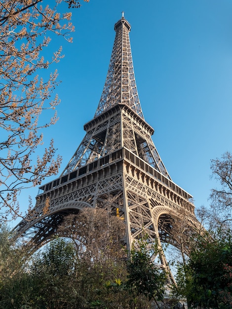 Niski kąt Widok na Wieżę Eiffla w Paryżu.