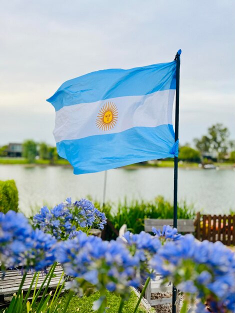 Zdjęcie niski kąt widoku argentyńskiej flagi na tle nieba