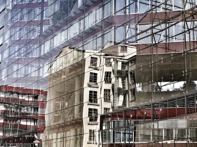 Zdjęcie niski kąt widoku budynków odbijających się na szklanych oknach w mieście