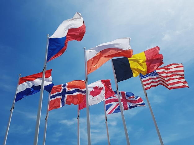 Niski kąt widoku flag na tle nieba