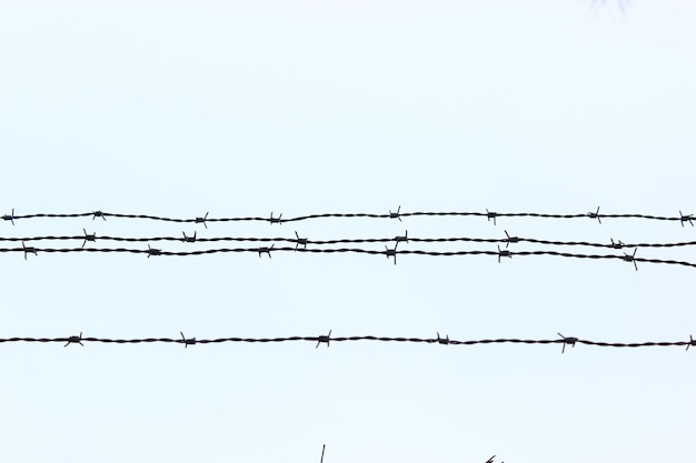 Zdjęcie niski kąt widoku ogrodzenia z drutu kolczastego na jasnym niebie