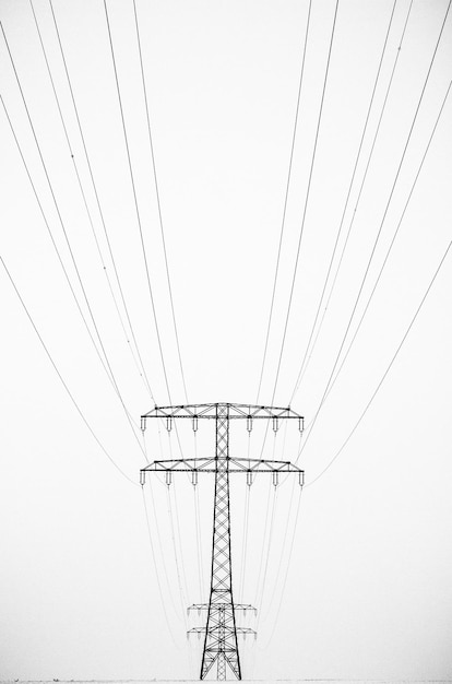 Niski kąt widoku pylonu elektrycznego na jasnym niebie