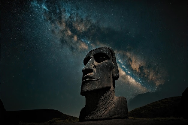 Niski kąt widzenia dużego posągu moai z nocnym niebem w tle stworzonym za pomocą generatywnej ai