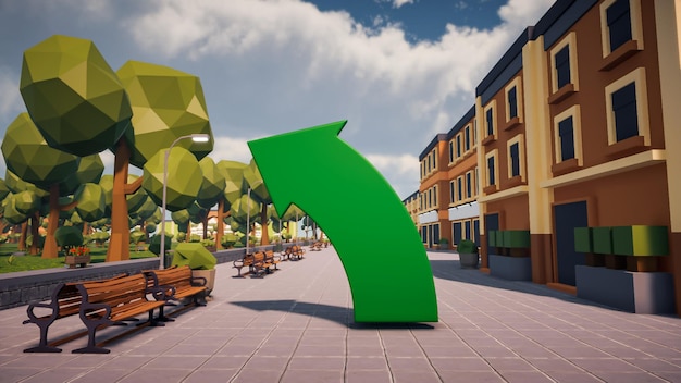 Niski wielokąt renderowania 3D zielona strzałka pokazująca kierunek ze środowiskiem w tle