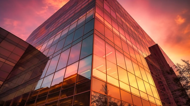 Niskokątne ujęcie przedstawiające ciepłe barwy zachodu słońca i odbicia na nowoczesnym budynku biurowym