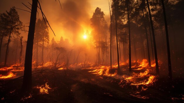 Niszczący pożar lasów pochłania drzewa w zaciekłym i nieustannym piekle niszczącym krajobraz