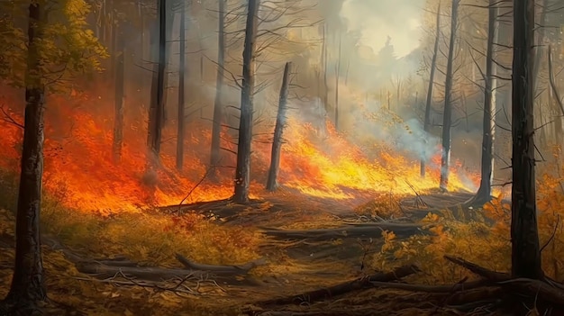 Niszczący pożar lasu pochłaniający drzewa w płomieniach