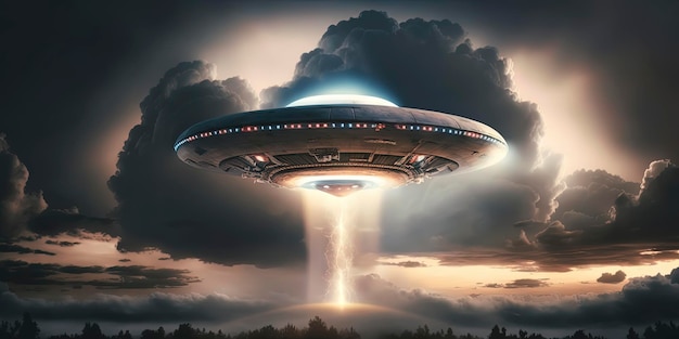 Niszczący spodek w kształcie ufo unoszący się na niebie, obcy piszący niebo