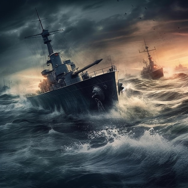 Niszczyciel marynarki wojennej na pełnym morzu na oceanie w nocy przy pełni księżyca