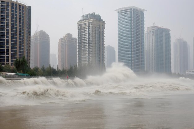 Niszczycielskie oceaniczne tsunami, wieżowce, tło, naturalna katastrofa wodna, AI generowana