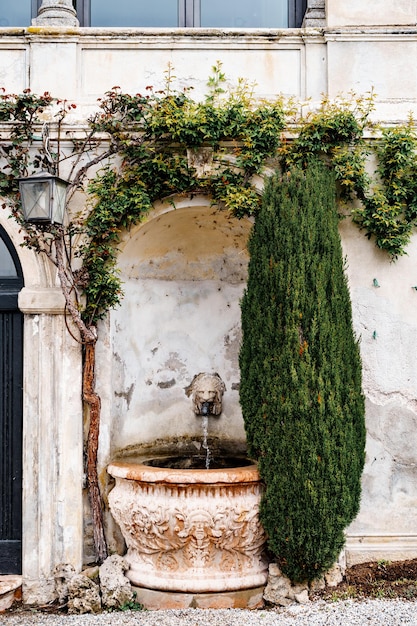 Niszowa fontanna w ścianie z głową lwa willa monastero lake como italy