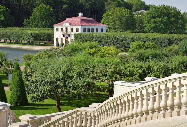 Zdjęcie niżny park balustrady schody pałac marly wśród gęstej zieleni nad stawem