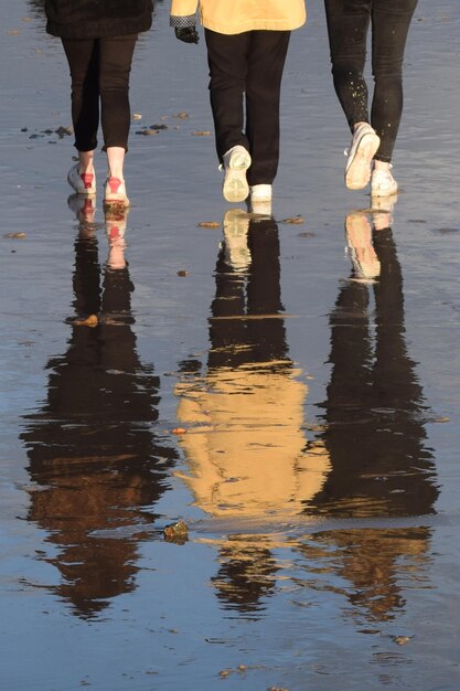 Niższa część ludzi idących po brzegu na plaży