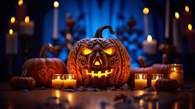 Noc Halloween jest niesamowicie jasna dzięki świecącym latarniom dyniowym Generative Ai