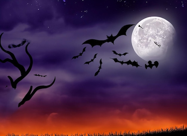 Noc Halloweena Straszny księżyc na chmurnym niebie z nietoperzami