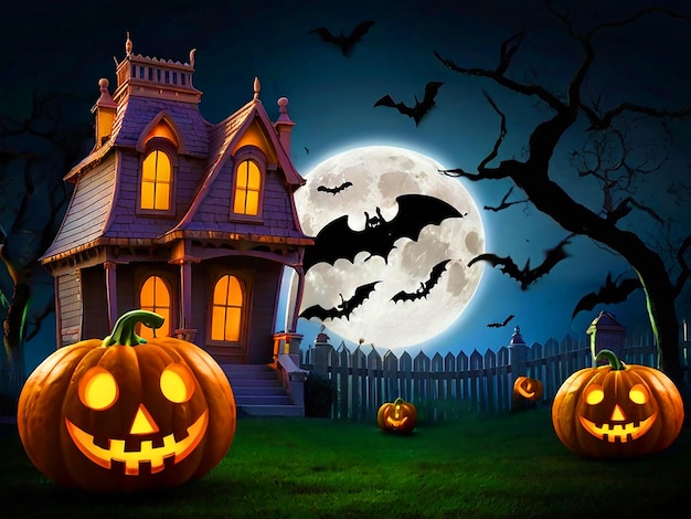 Noc księżyca w domu na Halloween z dyniami i nietoperzami latającymi w tle