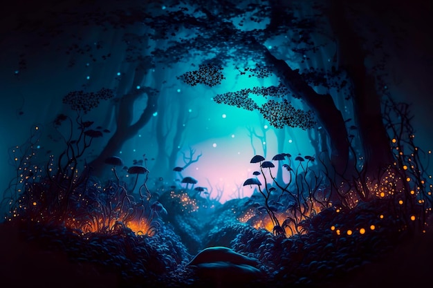 Noc magiczna fantazja las Krajobraz lasu Generacyjna sztuczna inteligencja