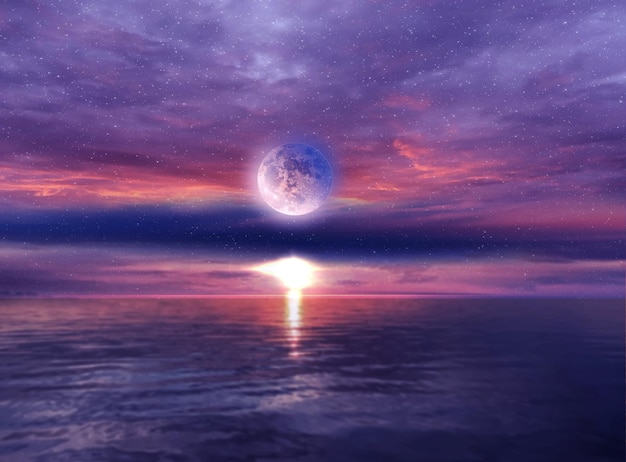 noc morze różowy niebieski żółty pomarańczowy pochmurne gwiaździste niebo światło słoneczne, duże odbicie księżyca