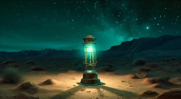 Noc na pustyni ze starą wyglądającą latarką