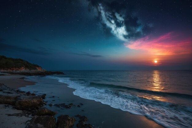Noc oświetlona księżycem na morzu z kolorowym niebem i spokojnym krajobrazem naturalnym
