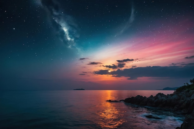 Noc oświetlona księżycem na morzu z kolorowym niebem i spokojnym krajobrazem naturalnym