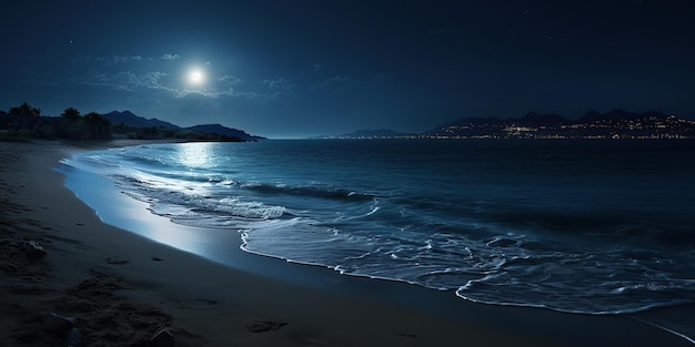 Noc pełnia księżyca na odosobnionej plaży, fale delikatnie się rozbijają.