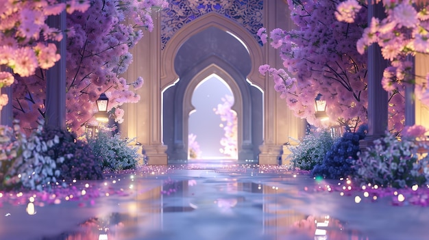 Zdjęcie noc ramadanu z islamskim archpastel kwiatowym i światłem księżyca