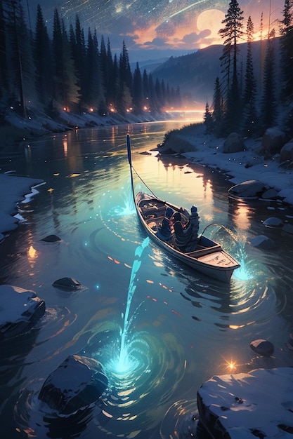 Noc świecące rzeka góry las drzewa wieś zamglone tapeta tło ilustracja kreskówka