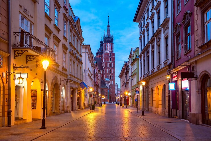 Zdjęcie noc ulica floriańska kraków polska