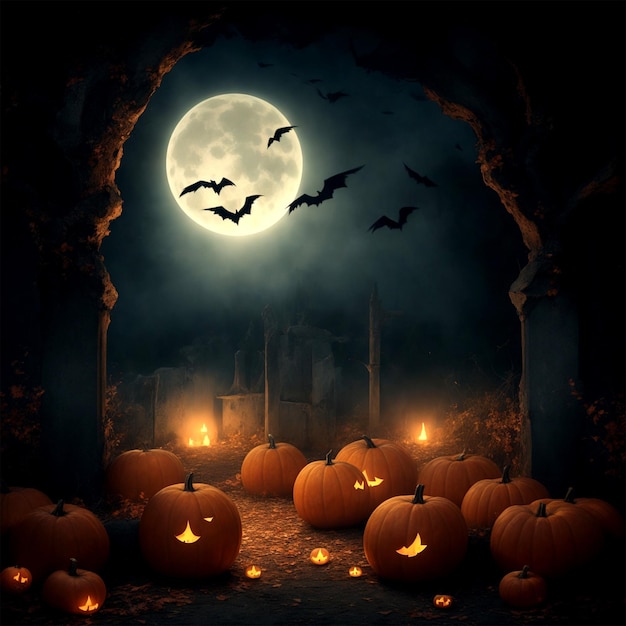 Noc zamku Halloween złe dyni nietoperze tło nawiedzony zamek i pełnia księżyca generatywny ai