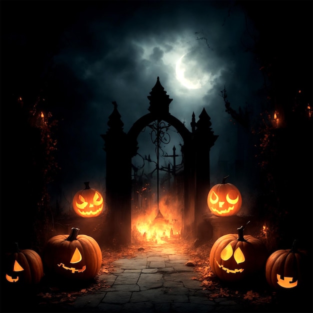 Noc zamku Halloween złe dyni nietoperze tło nawiedzony zamek i pełnia księżyca generatywny ai