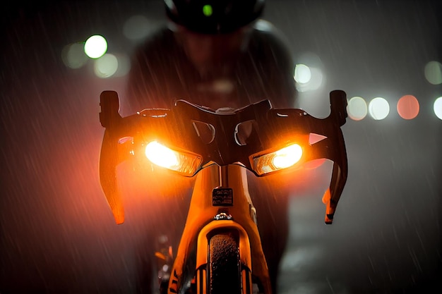 Nocna autostrada sportowa jazda na rowerze w deszczu z reflektorami na ilustracji Generative AI