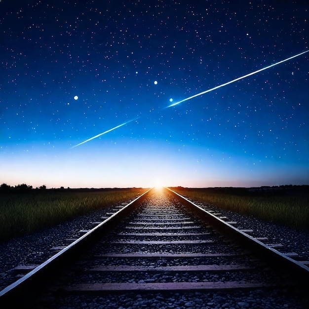 Zdjęcie nocna droga kolejowa zbliża się w odległość na tle gwiezdnego nieba i oświetlenia night lan