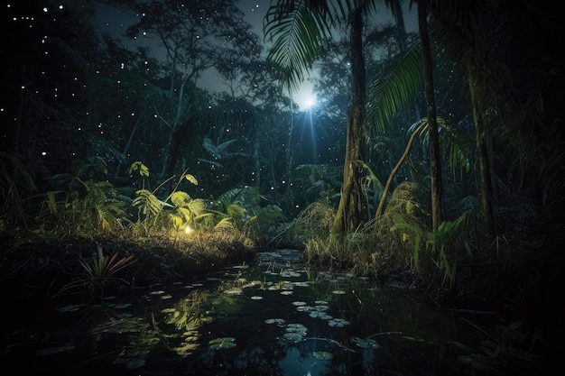 Zdjęcie nocna dżungla ze świetlikami i świecącymi gwiazdami stworzona za pomocą generatywnej sztucznej inteligencji